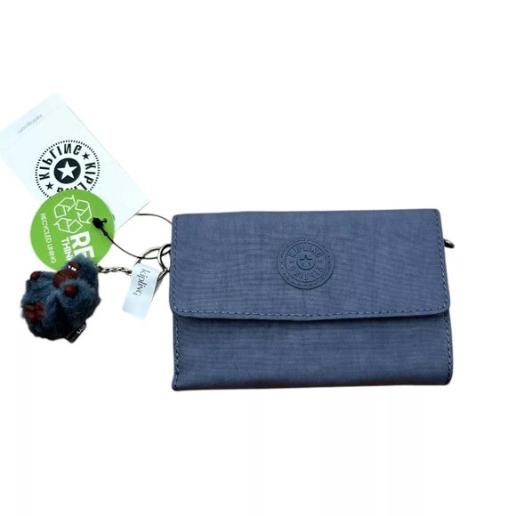 Kipling Pixi Nylon Bifold Wallet Snap Closure Card Slots Zip Pocket Perri Blue - Picture 1 of 11